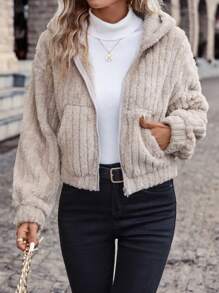 SHEIN Frenchy Zip Up Drop Shoulder Hooded Flannel Jacket In Fall/Winter Casual - Apricot - View 4