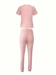 Letter Graphic Tee & Side Stripe Sweatpants - Pink - View 2