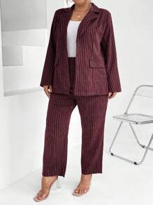 Calvaya Plus Pinstriped Print Blazer & Pants - Burgundy - View 4