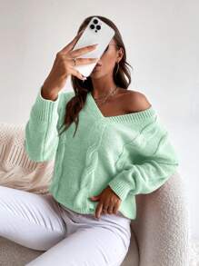 EMERY ROSE Cable Knit Drop Shoulder Sweater,Long Sleeve Tops Knit Pullover Fall Winter Outfit - Mint Green - View 4