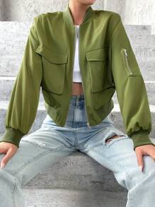 SHEIN Essnce Flap Pocket Drop Shoulder Bomber Jacket - Army Green - View 6