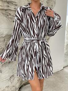 SHEIN Essnce In hoa văn ngựa vằn Thắt lưng Váy sơ mi - Nhiều màu - Xem 4