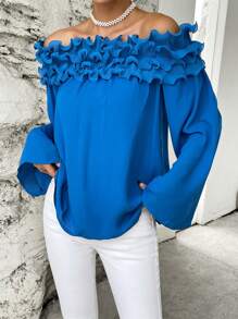 SHEIN Privé Blusa de hombros descubiertos ribete con fruncido de manga farol - Azul - Ver 6