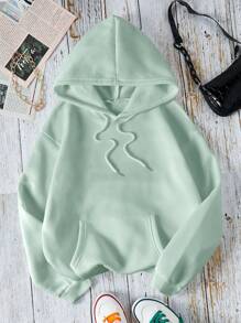 SHEIN EZwear Slogan & Butterfly In hình Kangaroo Túi dây rút có lót nhiệt - màu xanh lá - Xem 2