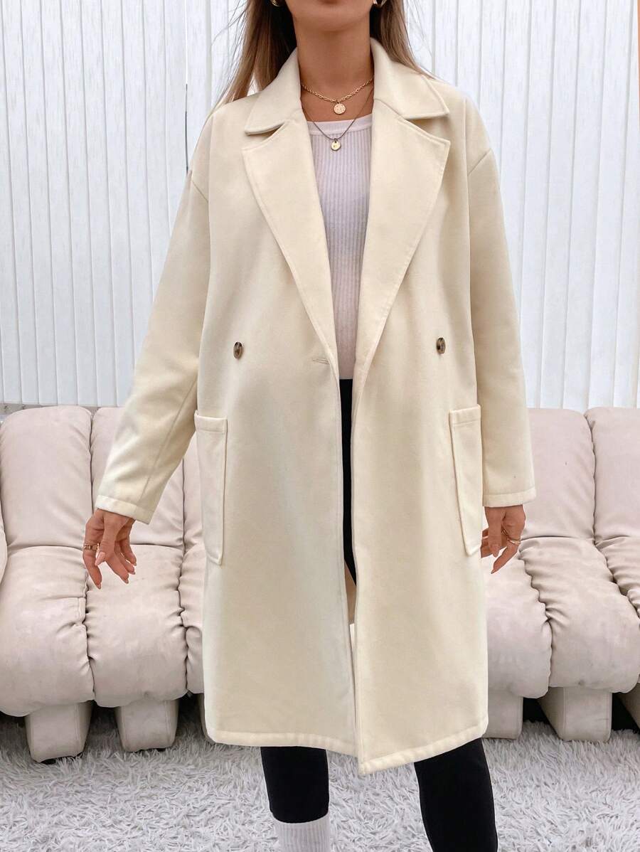 SHEIN Maternity Lapel Neck Dual Pocket Drop Shoulder Coat - Apricot - View 1