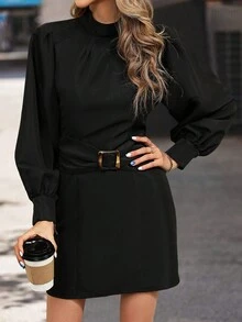Mock Neck Lantern Sleeve Belted Dress