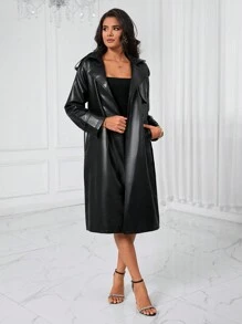 Aveloria 西裝領腰帶PU皮革風衣外套 - 黑色 - 查看 5