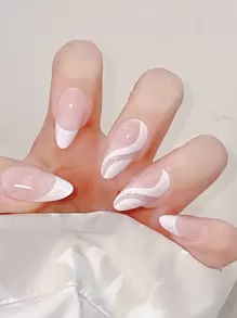 Elevate Your Style With 24pcs Long Oval Fake Nail & 1pc Nail File & 1sheet Tape Press On Nails Nail Supplies - White - View 3