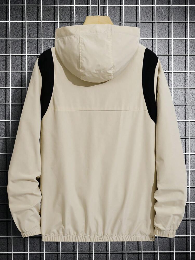 Loose Fit Men's Colorblock Half Zip Hooded Jacket With Letter Graphic