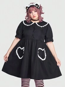 ROMWE Kawaii Plus Contrast Lace Trim Statement Collar Dress - Black - View 5