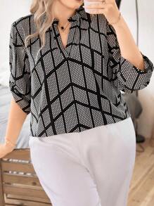 SHEIN Hơn In vết tròn Polka Tay áo cuộn Áo sơ mi - màu đen - Xem 5