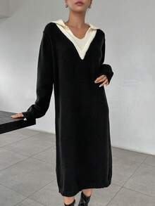 DAZY Panel Tương phản Thả vai Đầm Áo len - màu đen - Xem 7