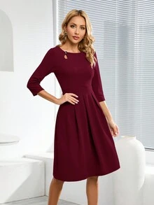 HOMEYEE Vestido Botón Cremallera Pliegues Liso Elegante - Burdeos - Ver 3