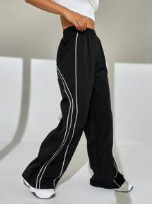 SHEIN EZwear 拼接滾邊闊腿褲 - 黑色 - 查看 4