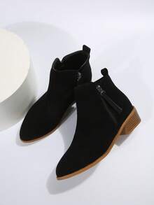 女款及踝靴，黑色短靴，雙拉鍊，粗跟，尖頭切爾西靴