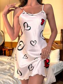 Heart Print Satin Cami Pajama Nightdress Luxeloungewear