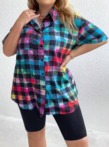 SHEIN LUNE 大碼格紋印花落肩袖襯衫 - 彩色 - 查看 1