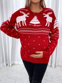 SHEIN Maternity Christmas Pattern Drop Shoulder Sweater, For Winter - Red and White - View 4