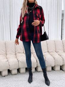 SHEIN Maternity Plaid Print Drop Shoulder Coat - Red - View 3