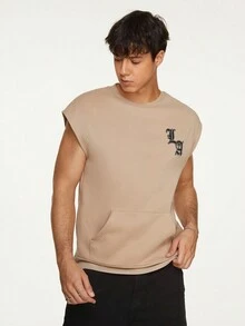 GENTILAND Men Letter Graphic Kangaroo Pocket Sleeveless Sweatshirt - Khaki - View 6