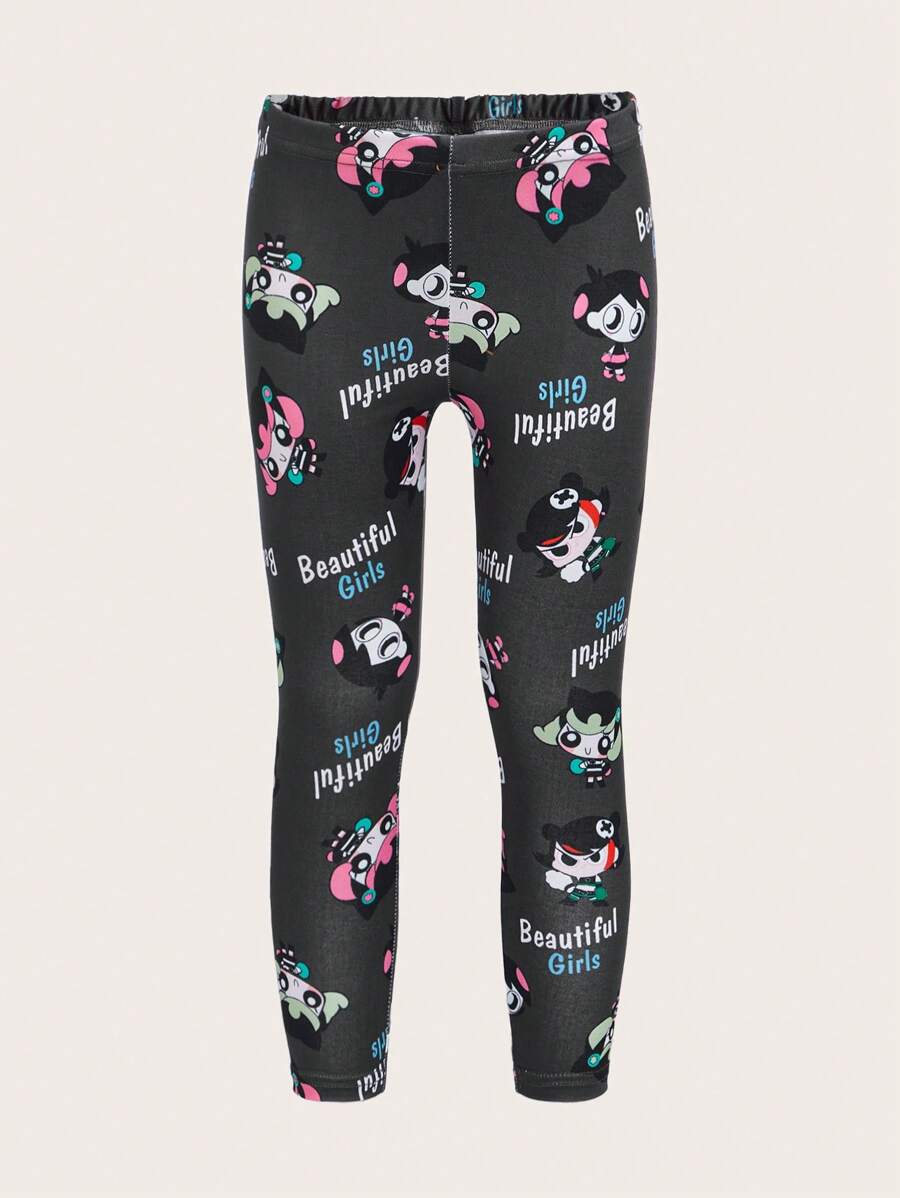 SHEIN 女小童卡通和字母圖案緊身打底褲 - 黑色 - 查看 1