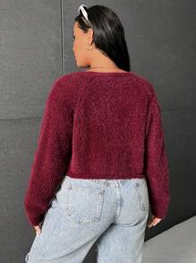 SHEIN EZwear Plus Solid Raglan Sleeve Fluffy Knit Cardigan - Rose Red - View 2
