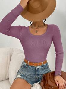 SHEIN Essnce Scoop Cổ Đồ đan Ribbed Áo len - Màu tím - Xem 5