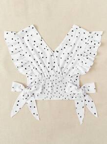 Trelyra Polka-dot Print Ruffle Armhole Shirred Hem Tie Side Blouse - White - View 4