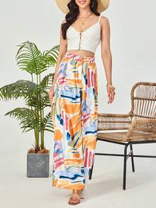 AAmilife Brush Print Wide Leg Pants - White - View 6