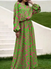 Allover Print Lantern Sleeve Dress - 綠色 - 查看 3