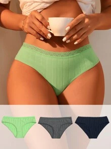 3 piezas Calzoncillos ribete con encaje tejido de canalé - Multicolor - Ver 3