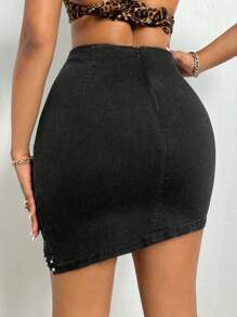 SHEIN SXY Studded Detail Wrap Denim Skirt - Black - View 2