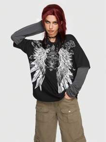 ROMWE Grunge Punk 2 合 1 翅膀图案 T 恤，学校 - 黑色 - 查看 4
