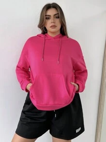 Flirla Plus Figure & Letter Graphic Drop Shoulder Drawstring Hoodie - Hot Pink - View 6