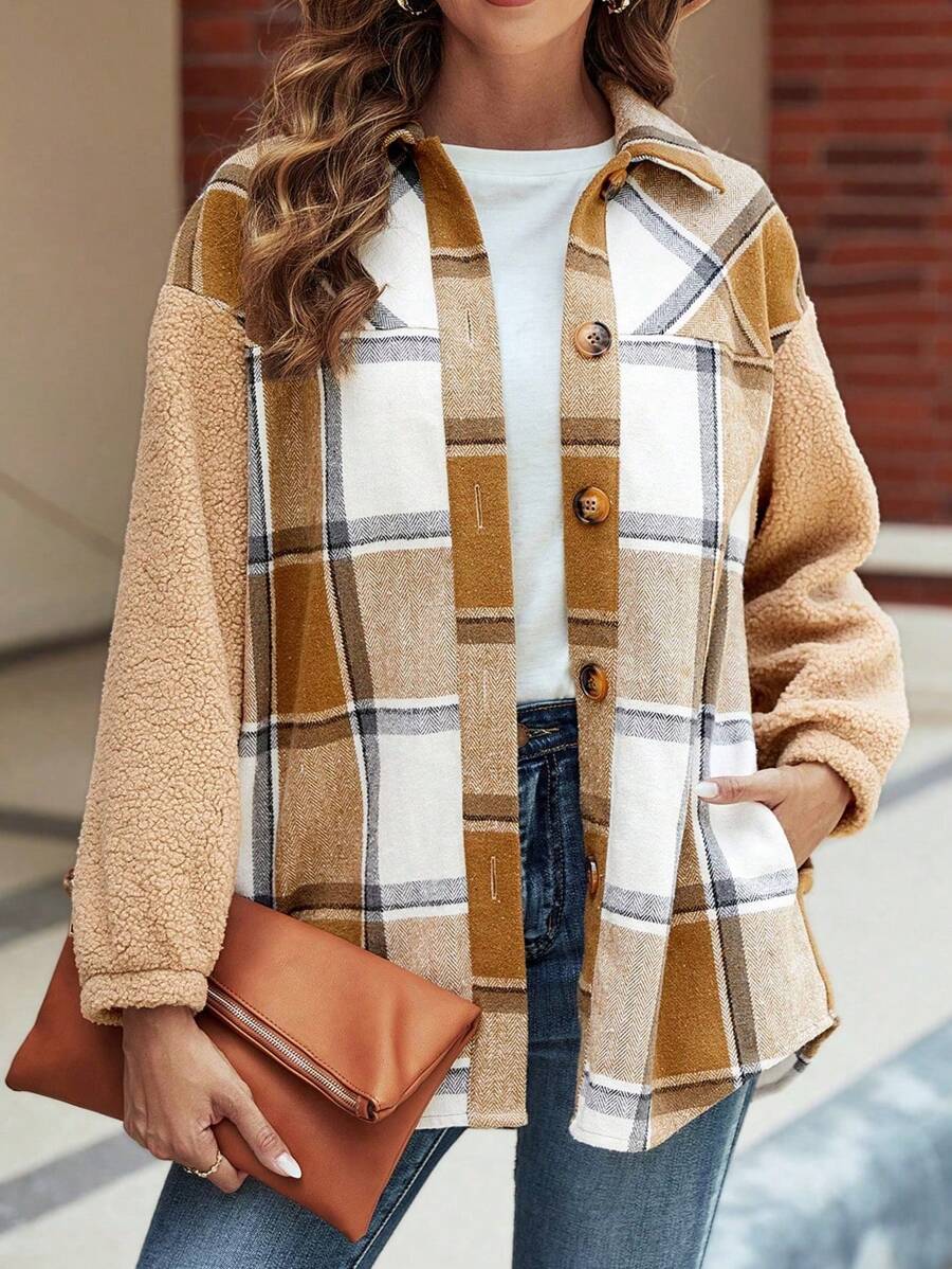 SHEIN LUNE 格紋印花落肩袖毛絨面板外套 - 彩色 - 查看 1