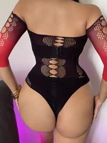 Cut Out Fishnet Insert Off Shoulder Bodysuit Without Liner - Multicolor - View 2