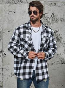 Manfinity Homme Nam Plus Bản in Gingham Túi có nắp Áo sơ mi - Đen và trắng - Xem 3