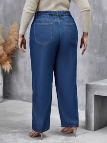 SHEIN LUNE 大碼破洞直筒牛仔褲 - 中等水洗藍 - 查看 3