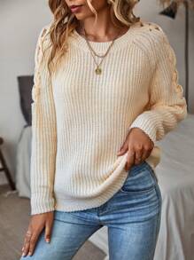 SHEIN LUNE Lace Up Raglan Sleeve Sweater - Apricot - View 1
