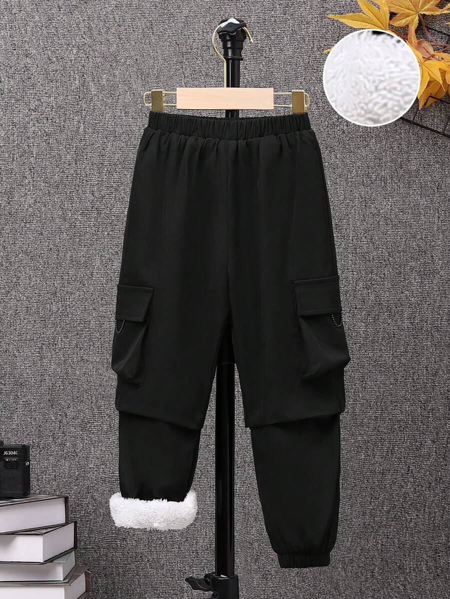 SHEIN Young Boy Slim-Fit Sports Plush Woven Cargo Pants - Black - View 1