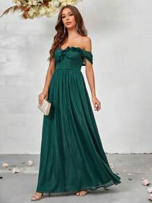 SHEIN Belle Váy cô dâu lệch vai - màu xanh lá - Xem 4