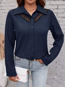 SHEIN LUNE Guipure Lace Insert Button Front Shirt - Navy Blue - View 3