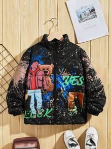 SHEIN Áo khoác đệm có khóa kéo họa tiết gấu và chữ Tween Boy - màu đen - Xem 1