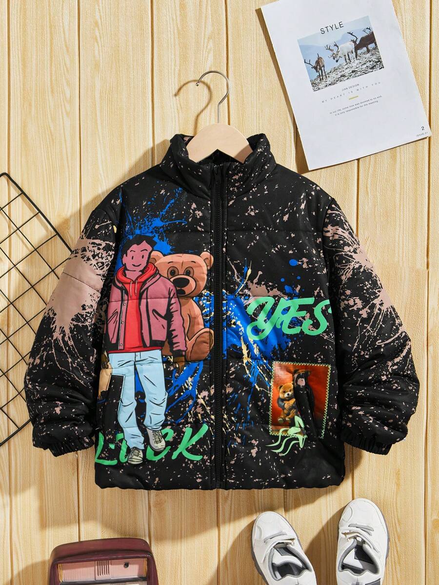 SHEIN Áo khoác đệm có khóa kéo họa tiết gấu và chữ Tween Boy - màu đen - Xem 1