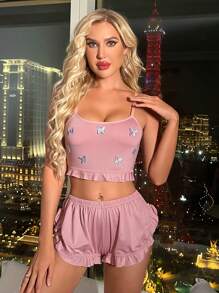 蝴蝶印花荷葉邊內衣套裝