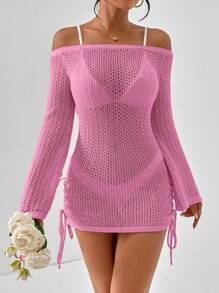 SHEIN Essnce Off Shoulder Drawstring Side Lace Up Side Cover Up Dress Without Bikini Summer - Pink - View 6