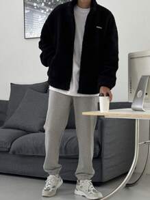 DAZY Men Letter Patched Drop Shoulder Teddy Jacket Fall,Winter