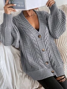 EMERY ROSE 素色前紐扣麻花編織開襟衫 - 灰色 - 查看 4