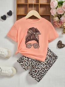 SHEIN Young Girl Leopard & Figure Graphic Tee & Shorts - Pink - View 1