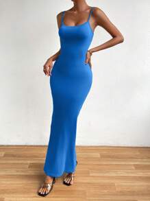 SHEIN Unity Vestido de tirantes unicolor bajo sirena - Azul - Ver 6